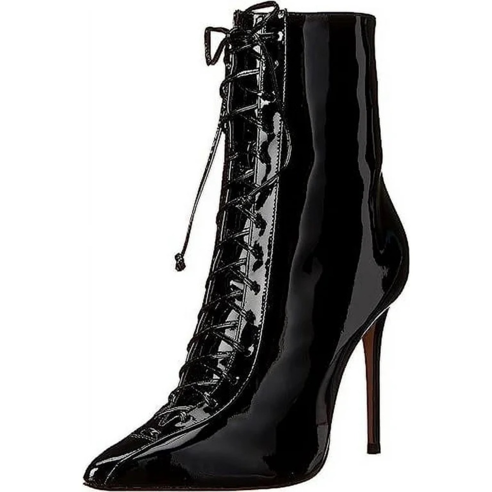 SCHUTZ Black Patent Heeled Boots with Lace-Up Design